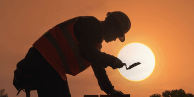 Australian builder on a construction site during sunset.